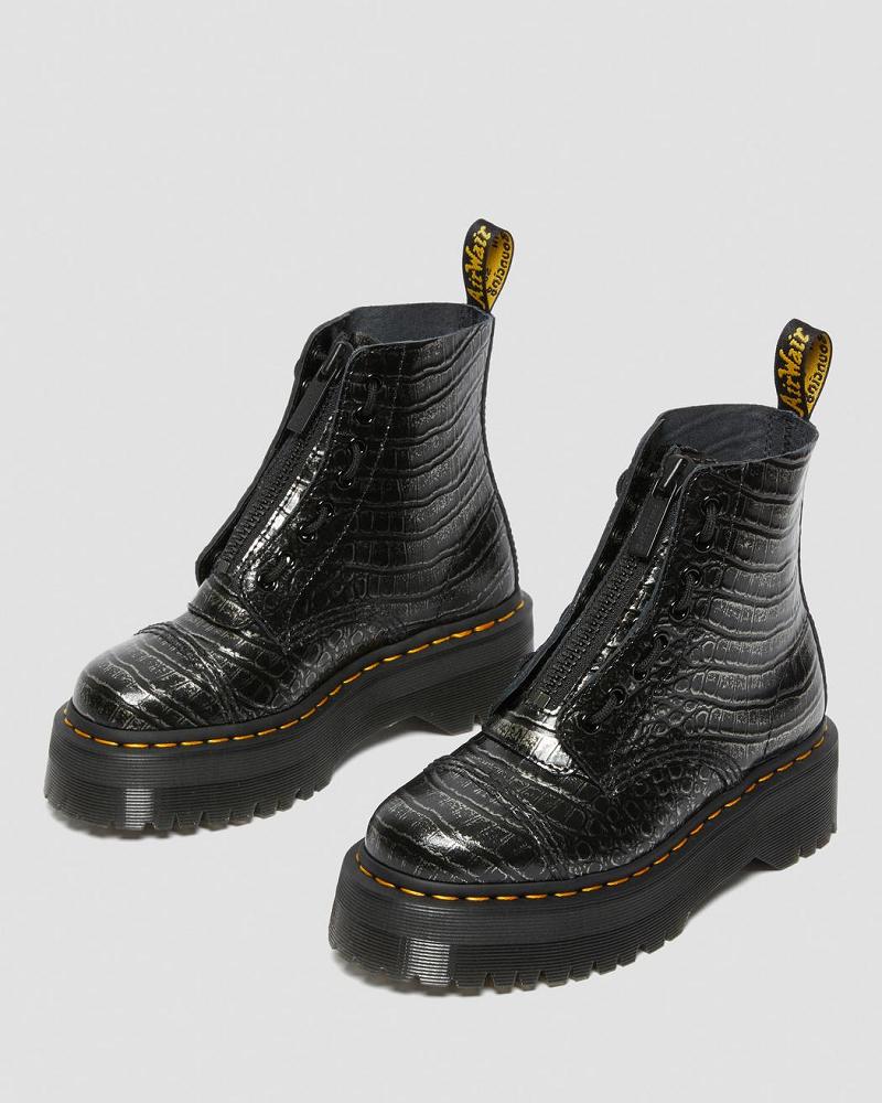 Women's Dr Martens Sinclair Croc Emboss Leather Platform Boots Black | AU 252XYU